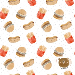 Aquarell niedliches Kawaii Hamburger, Pommes und Hotdog-Muster, Nahtloses Muster, digitales Papier, Süßes Essen Nahtloses Muster