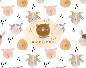Watercolor Farm Animals Seamless Pattern for Spring, Minimalistic, fayebdoodles