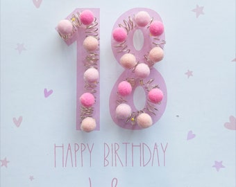 Light up number birthday card,  pink pom-poms light up Number, milestone birthday card, personalised number and name  boxed card