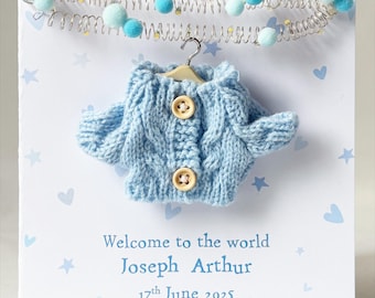 Baby boy light up card, tiny blue knitted baby coat and hanger, Personalised new baby boy card, 3-D boxed keepsake card