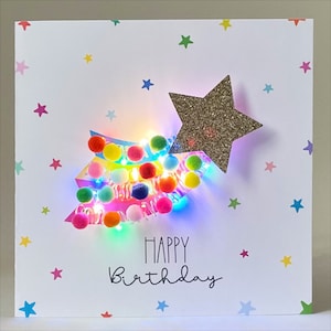 Light up star birthday card, light up Comet, multi colour lights boxed card, 3D light up birthday card