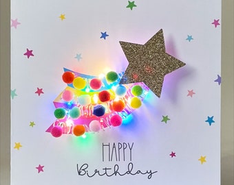 Light up star birthday card, light up Comet, multi colour lights boxed card, 3D light up birthday card