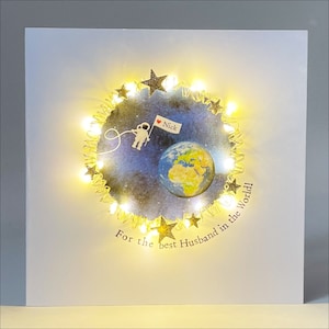 The best in the world card, light up LED card,  tiny astronaut, space card, personalise with a name