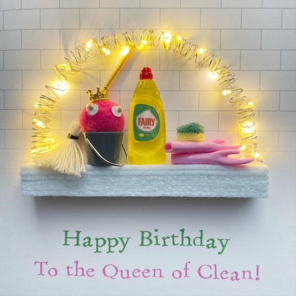 Queen of clean light up Birthday card,  light up miniature cleaning  card, 3-D personalised boxed birthday card