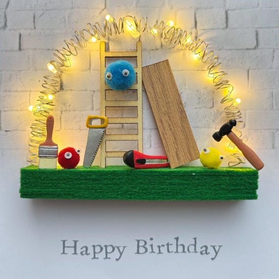 Light Up DIY Birthday Card: Miniature Ladder & Tools, Personalized