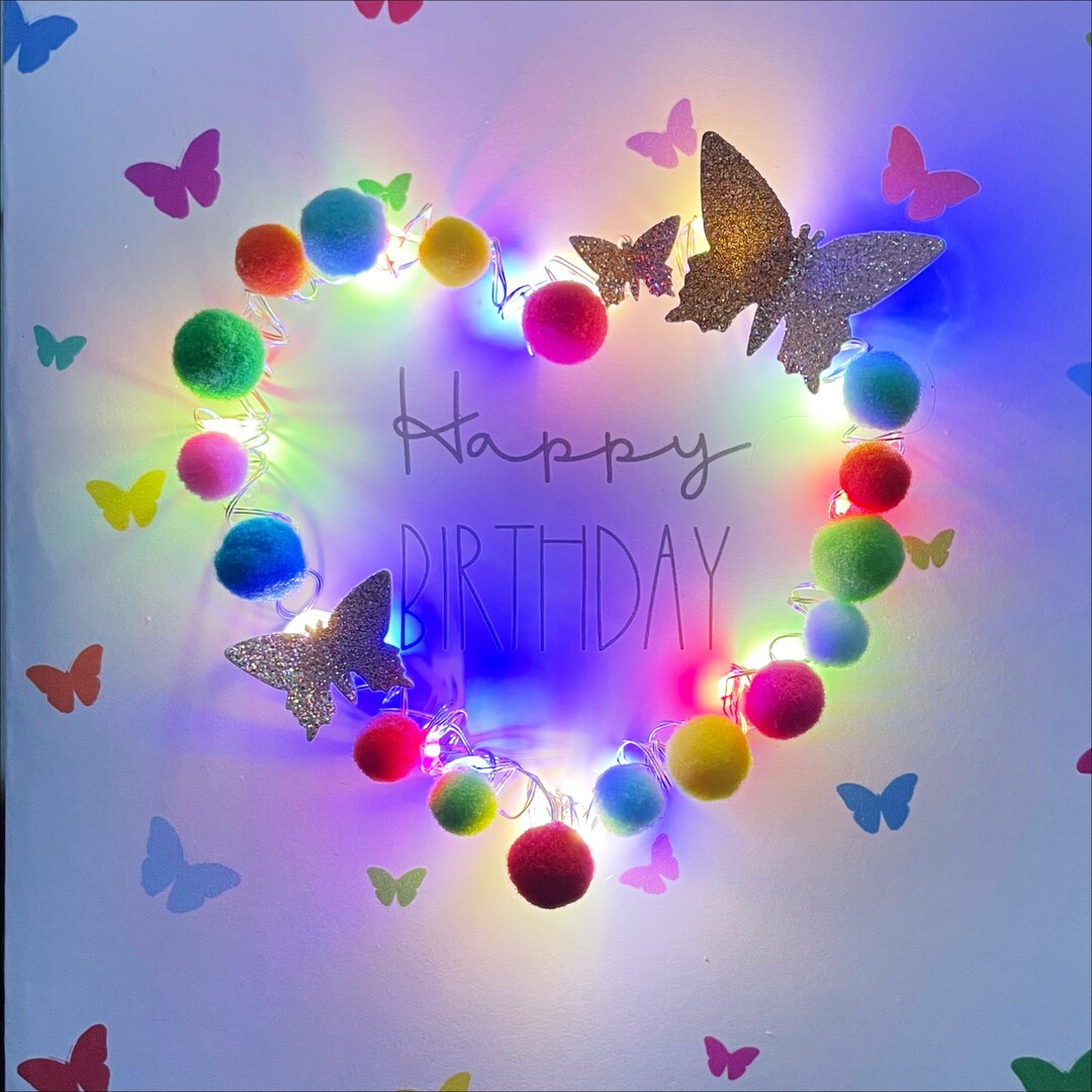 Light up Heart Birthday Card , Multi Colour Lights Pompoms and Gold