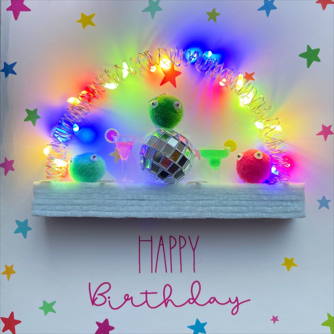 Mirrorball Light up Birthday Card Disco Ball and Cocktails Etsy UK