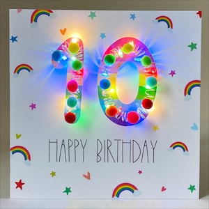 Rainbow number birthday card, light up rainbow Number, milestone birthday, any number personalised card