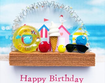 Seaside ice cream and beach huts light up card, personalised 3D boxed birthday card, LED lights