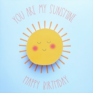 May include: A light blue card with the text "You are my sunshine" in orange lettering. A yellow sun with a smiling face and closed eyes is in the center of the card. The text "Happy Birthday" is written in orange lettering below the sun.