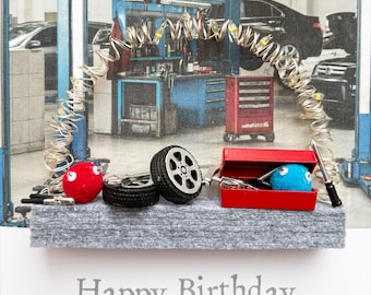 Light Up Mechanics Birthday Card: Miniature wheels and tool box, Personalized
