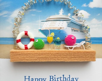 cruise ship birthday card,  light up birthday card, personalised cruise ship  card with cocktails and mini sun lounger
