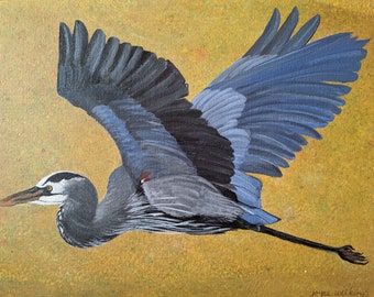 ORIGINAL Great Blue Heron Flying Acrylic Painting