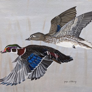 Wood Duck Couple Flying - ORIGINAL Painting
