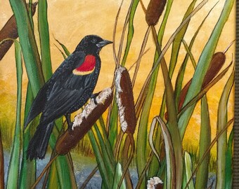 ORIGINAL Red Winged Blackbird in Cattails Acrylic Painting 9"w x 12"h