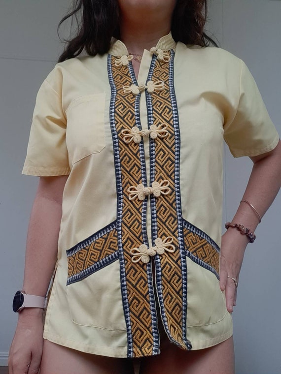 Cotton yellow oriental blouse//cheongsam// ethnic/