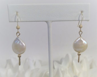 Coin Pearl Earring, Pearl Dangle with Gold hook and beads