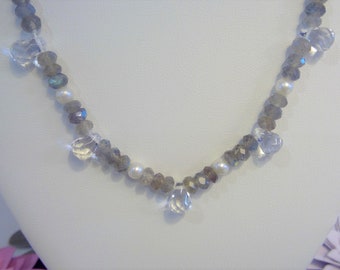 Beaded Necklace, Labradorite Quartz Pearl and Sterling Silver 21" necklace