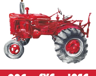 Arte de acuarela de tractor rojo vintage - Tractor agrícola PNG SVG - Decoración de pared de granja - Descarga digital