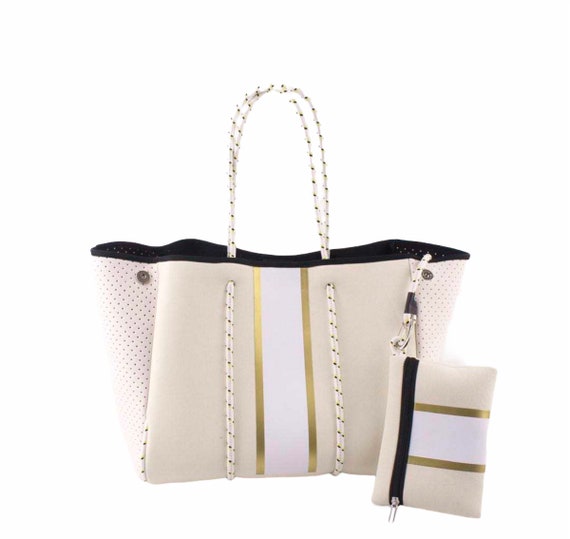 Haute Shore  Beige Neoprene Mix Media Everyday Tote & Beach Bag