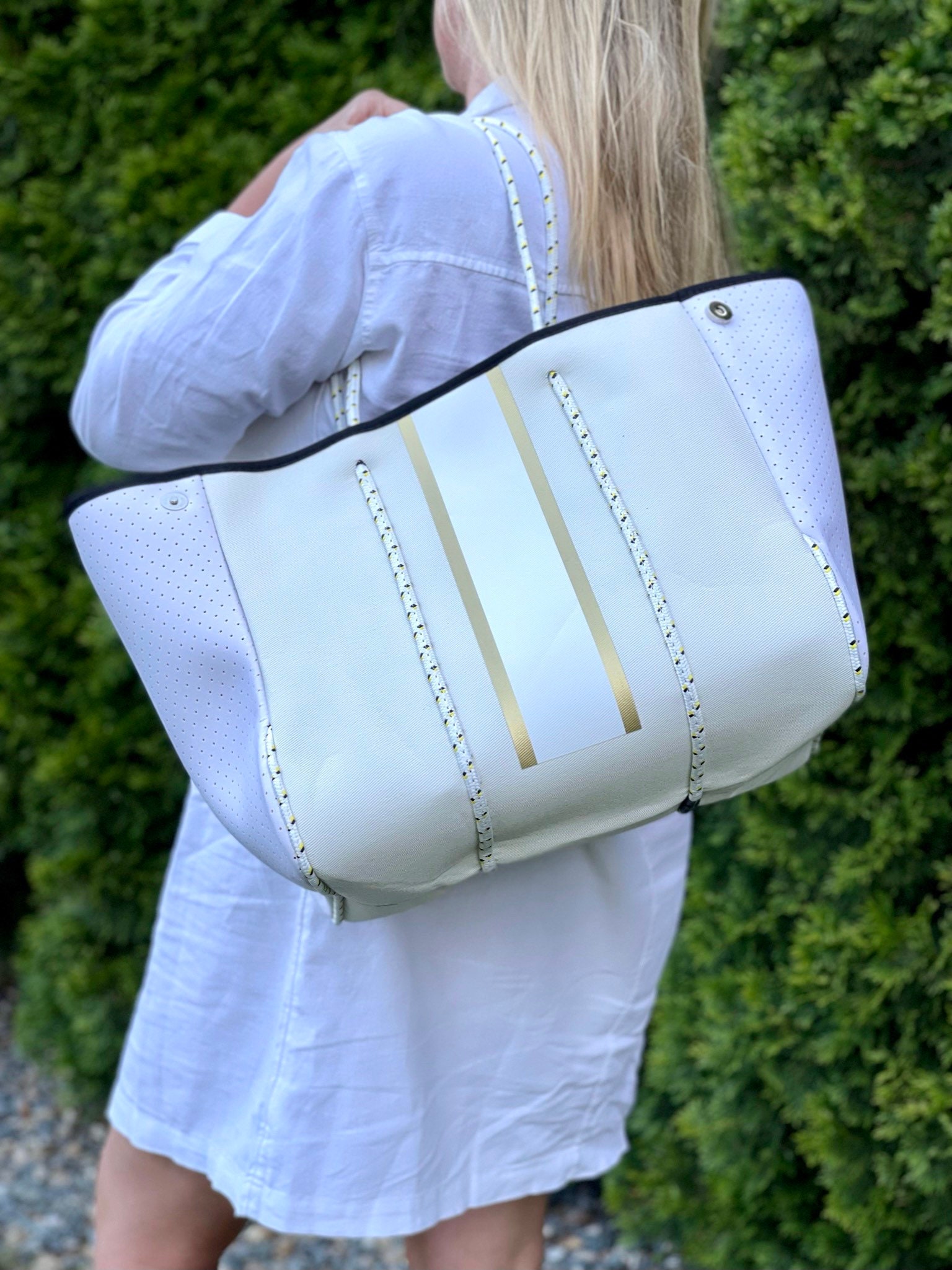 Neoprene Tote Large White/cream With Gold Stripe Canvas Front and