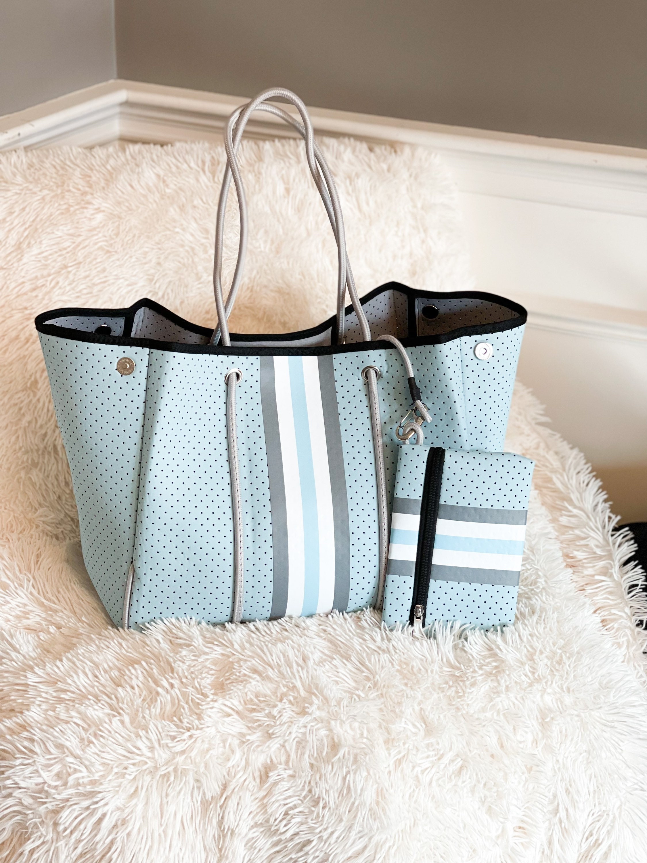 Neoprene Tote Bag Orange & Silver Pink Stripes by Dallas Hill Design
