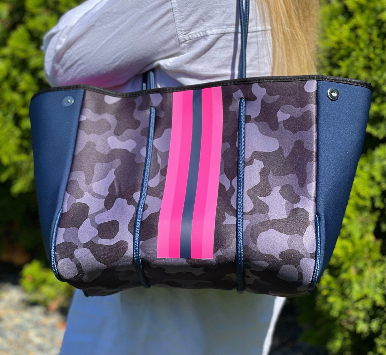 Neoprene Tote Large Blue Camo with Hot Pink Racer Stripe- Beach Bag, Gym Bag, Yoga, Tennis, Tote Bag Carry All