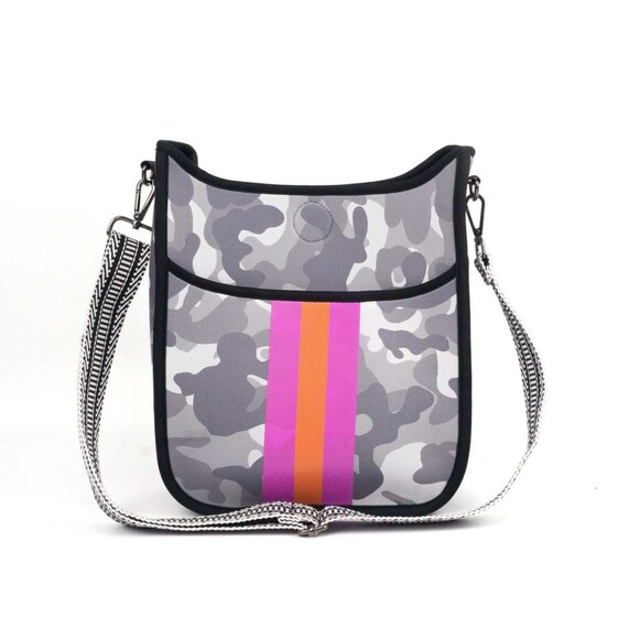 The Neoprene Isabella Crossbody Gray Camo With Pink Stripe Etsy