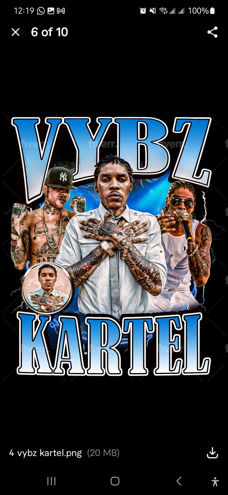 May include: A graphic design featuring the text "VYBZ KARTEL" in blue and white letters with a black outline. The design includes three men with tattoos, one of whom is wearing a white shirt and tie. The background is a blue and white gradient with lightning bolts.