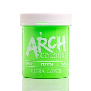 May include: A green plastic jar of paint labeled "ARCH COLOURS ULTRA COVER" with the words "PAPER, TEXTILE, CARD" printed on the front.