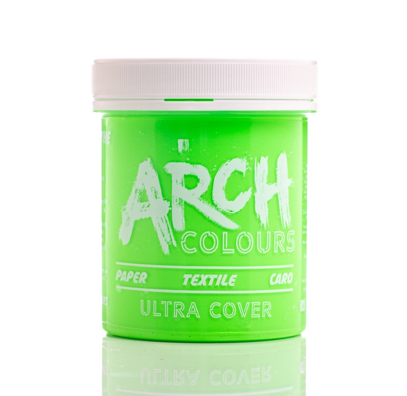 May include: A green plastic jar of paint labeled "ARCH COLOURS ULTRA COVER" with the words "PAPER, TEXTILE, CARD" printed on the front.