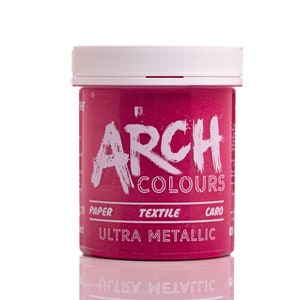 May include: A pink jar of paint with the words "ARCH COLOURS" and "ULTRA METALLIC" on the label.