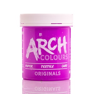 May include: A pink plastic jar of fabric dye with the text "ARCH COLOURS ORIGINALS" on the front. The jar is labeled for use on paper, textile, and card.