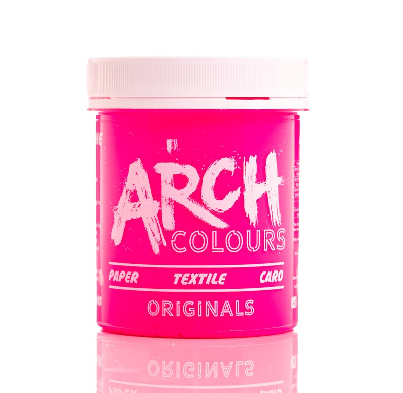 May include: A pink plastic jar of hair dye with the brand name "ARCH COLOURS" and the words "PAPER TEXTILE CARD ORIGINALS" printed on the label.