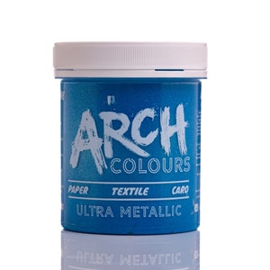 May include: A blue jar of paint labeled "Arch Colours Ultra Metallic". The jar has a white lid and the label also says "Paper, Textile, Card".