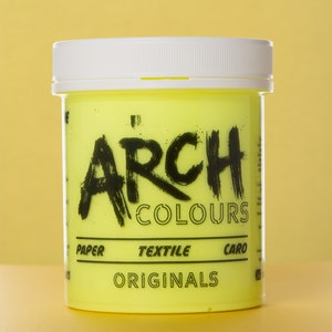 May include: A yellow plastic jar of neon yellow paint with the text "ARCH COLOURS ORIGINALS" and "PAPER TEXTILE CARD" printed on the label.