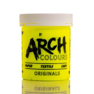 May include: A yellow plastic bottle of Arch Colours Originals fabric dye. The bottle has black text that reads "Arch Colours" and "Paper Textile Caro Originals".