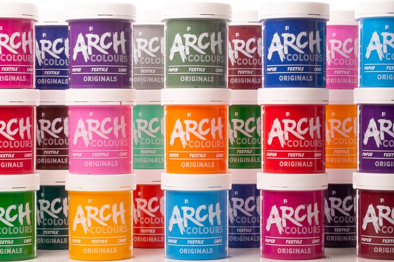 May include: A collection of 12 paint dye jars in various colors, labeled "ARCH COLOURS ORIGINALS" with the text "PAPER TEXTILE CARD" underneath.