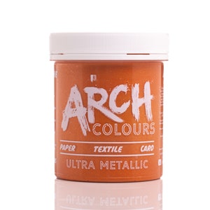 May include: A round orange jar with a white lid. The jar is labeled "ARCH COLOURS" and "ULTRA METALLIC". The jar is for paper, textile, and card.