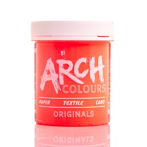May include: A bright pink plastic jar of hair dye with the text "ARCH COLOURS ORIGINALS" on the front. The jar is labeled for use on paper, textile, and hair.