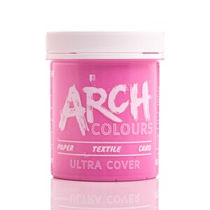 May include: A pink plastic jar of Arch Colours Ultra Cover paint. The jar has a white lid and the text "ARCH COLOURS" and "ULTRA COVER" is printed on the front.