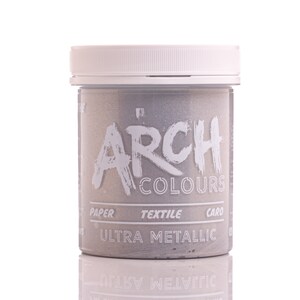 May include: A white plastic jar with a silver lid. The jar contains a silver metallic paint. The label on the jar says "ARCH COLOURS ULTRA METALLIC".