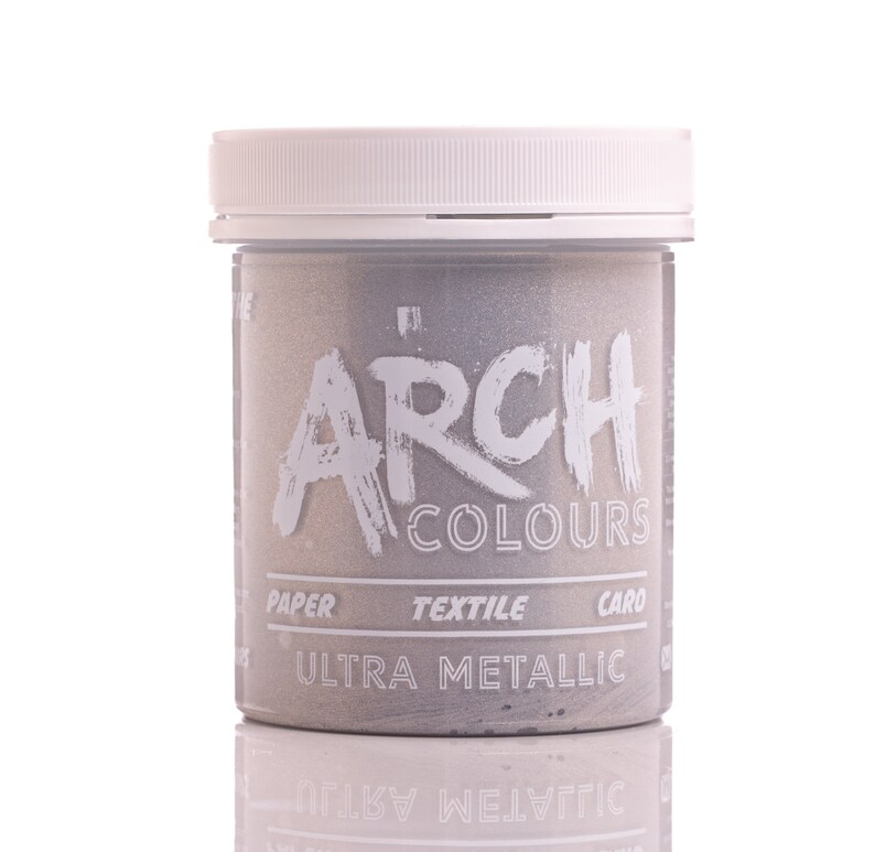 May include: A white plastic jar with a silver lid. The jar contains a silver metallic paint. The label on the jar says "ARCH COLOURS ULTRA METALLIC".