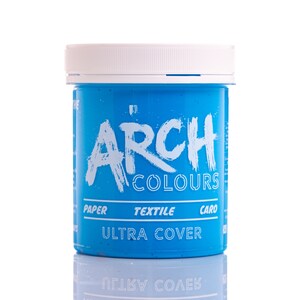 May include: A blue plastic jar of paint labeled "Arch Colours" with the words "Paper, Textile, Card" and "Ultra Cover" printed on the label.