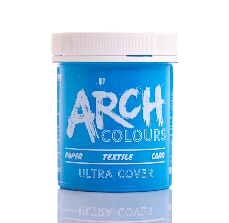 May include: A blue plastic jar of paint labeled "Arch Colours" with the words "Paper, Textile, Card" and "Ultra Cover" printed on the label.
