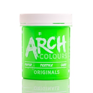 May include: A green plastic jar with a white lid. The jar is labeled "Arch Colours Originals" and has the words "Paper, Textile, Card" printed on it.