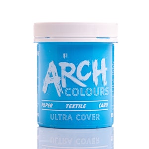 May include: A blue plastic jar of Arch Colours Ultra Cover paint for paper, textile, and card. The jar has a white lid and the brand name is printed in white on the front.