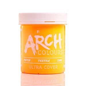 May include: A yellow plastic jar of orange paint with the text "ARCH COLOURS" and "ULTRA COVER" on the label. The jar is labeled for use on paper, textile, and card.