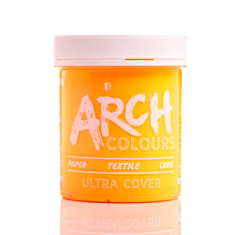 May include: A yellow plastic jar of orange paint with the text "ARCH COLOURS" and "ULTRA COVER" on the label. The jar is labeled for use on paper, textile, and card.