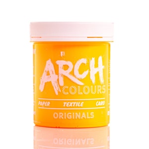 May include: A yellow plastic jar of orange fabric dye with the text "ARCH COLOURS ORIGINALS" on the front. The jar is labeled for use on paper, textile, and card.